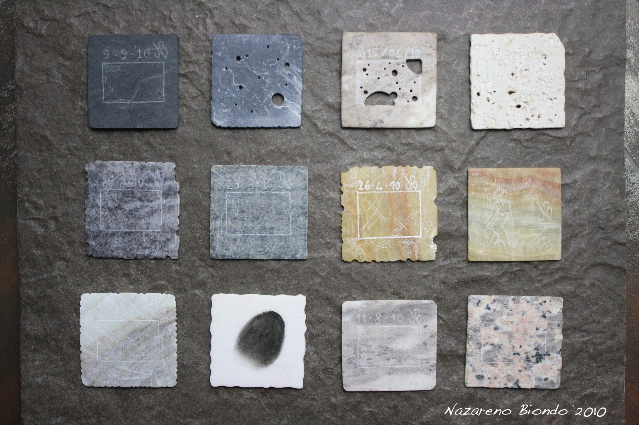 Nazareno Biondo, diapositive proiettabili riprodotte in vari tipi di marmo. light through the stone. 2010. 5x5x0,2 cm